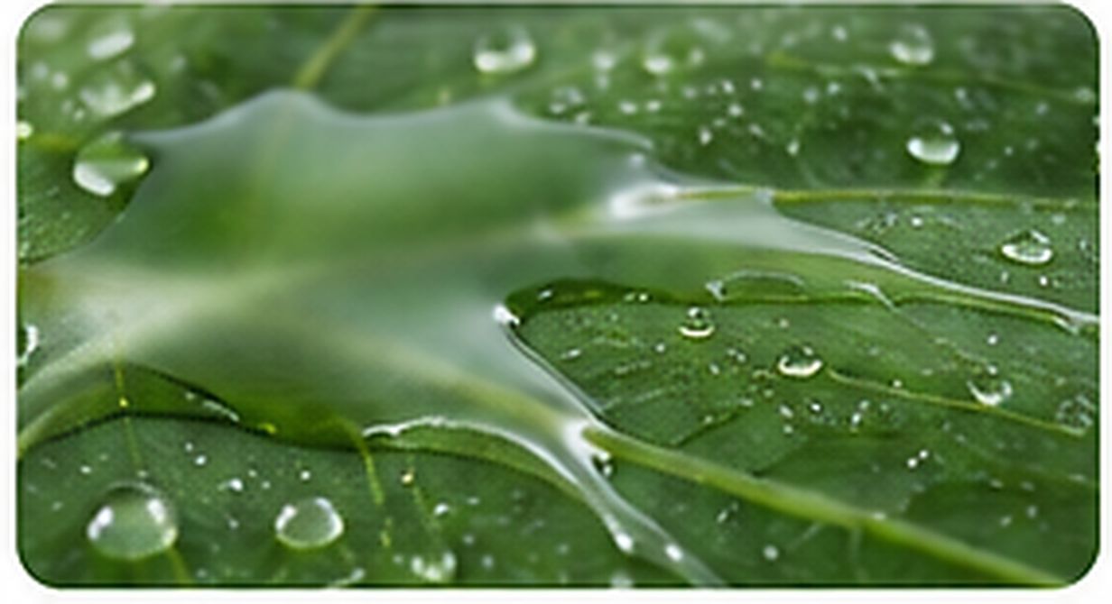 Close-up of a thin glossy liquid sheet spreading over the veins of a fresh green leaf.