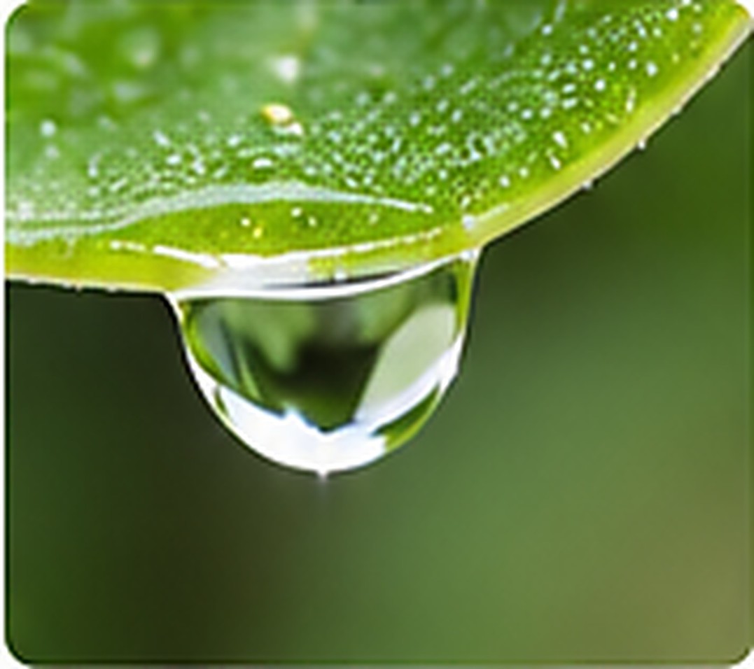 Clear droplet suspended from the pointed edge of a green leaf against a soft natural background.