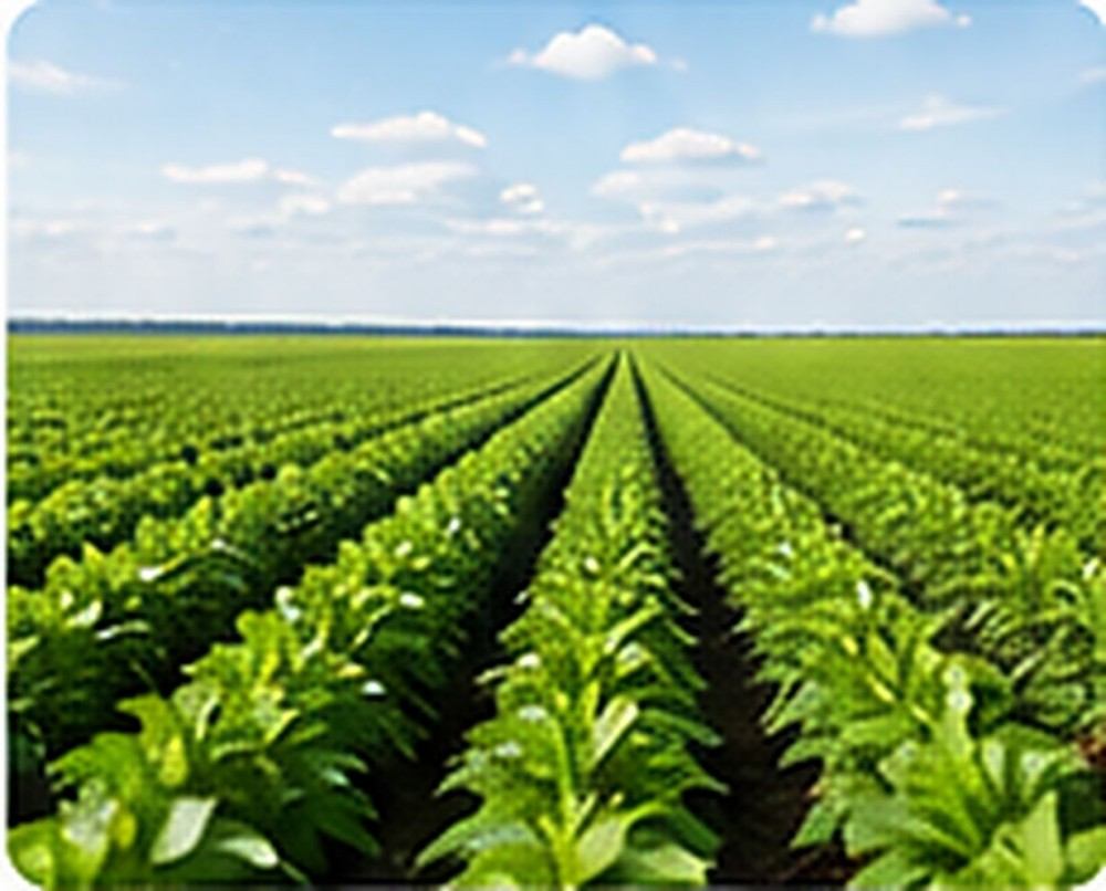 Long parallel rows of healthy green crops under a bright blue sky in an open agricultural field.