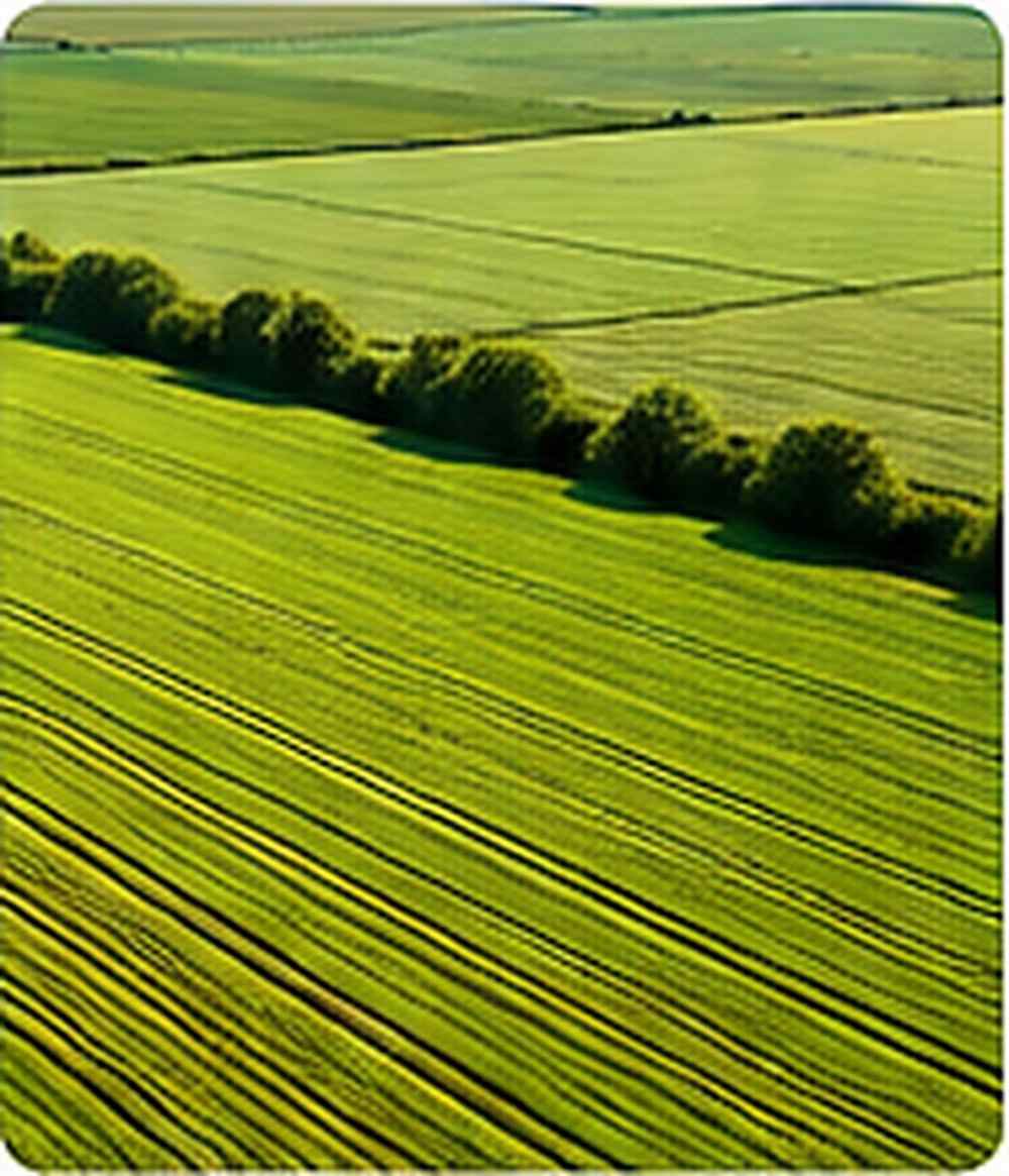 Aerial view of broad green farmland divided into uniform cultivation patterns.