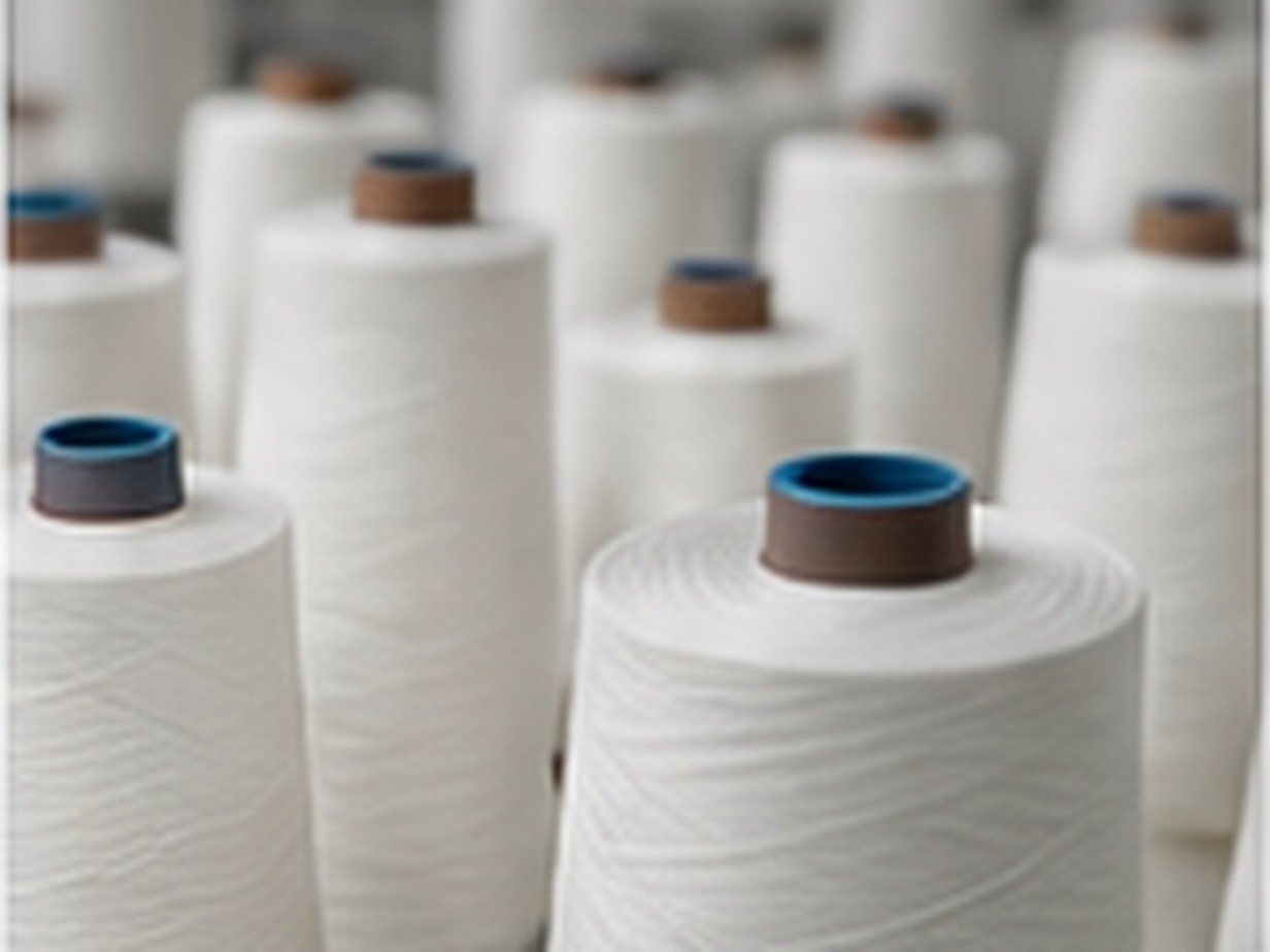 Rows of white textile yarn cones in an industrial processing environment.